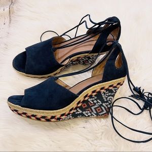 Cabi 6001 Navy Blue Suede Isla Tassel Ankle Tie Espadrille Wedges Size 10M